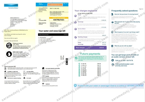 United Kingdom Yorkshire water utility bill template in Word and PDF format (2 pages)